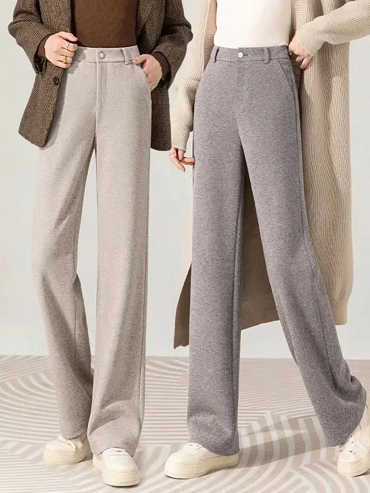 

Широкие брюки из ацетатной шерсти для женщин, осенне-зимняя новинка, повседневные брюки-костюм, утепленные флисом, облегающие, с высокой талией, для офиса/повседневной носки