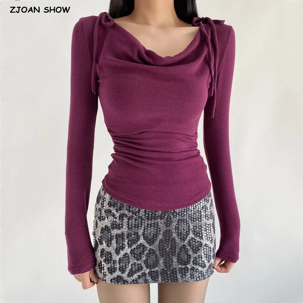 

4 color 2025 Autumn Sexy Swing Collar Bow Shoulder Long Sleeve T Shirt Women Ruched Slim Waist Stretch T-shirt Skinny Top Purple