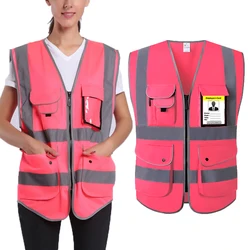 Gilet di sicurezza refettivo rosa Unisex per donna uomo abbigliamento da lavoro ad alta visibilità uniformi con Multi tasche abbigliamento da lavoro ad alta visibilità