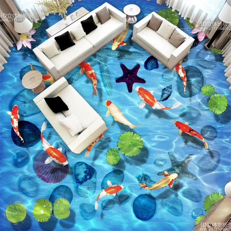 beibehang Lotus carp stone shells 3D Floor Mural Wallpaper for Living Room Bathroom Floor PVC Self-adhesive Floor Wall paper