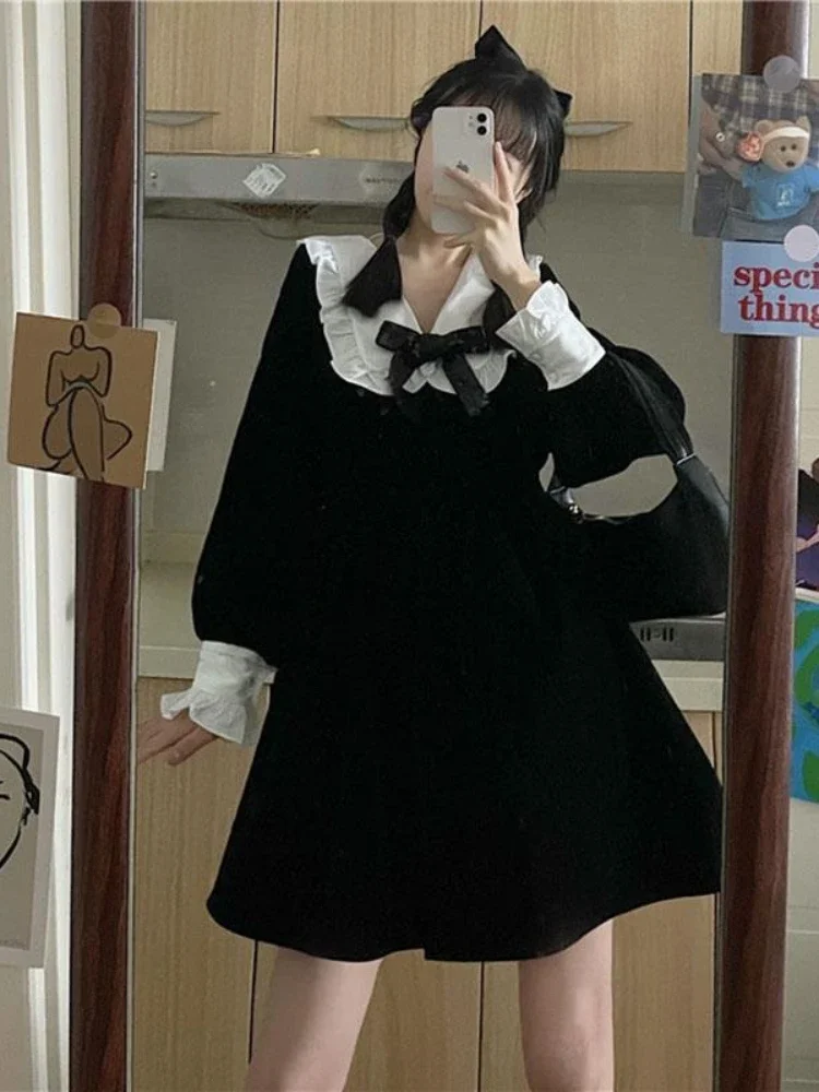 HOUZHOU Kawaii Bow Dress Women Japanese Preppy Style Long Sleeve Mini Dresses Black Goth Vintage Lolita Outfits Sweet Streetwear