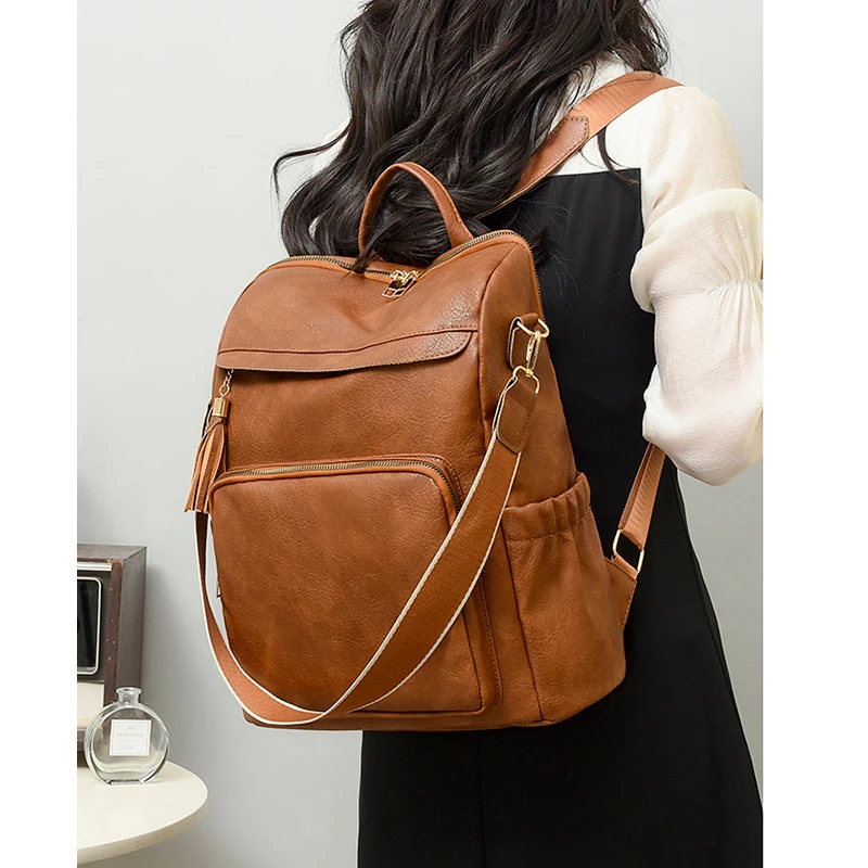 Fashion Women\'s Backpack Fashion Tassel Design High Quality Split Hardware Pull Head Large Capacity Retro Leisure Anti-theft Bag