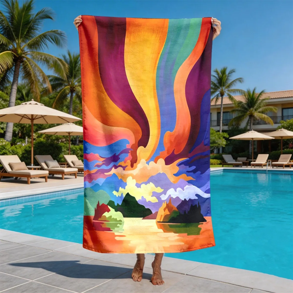 Abstract-style sunset landscape scenery polyester microfiber beach towel is highly absorbent, suitable swimming beach outings