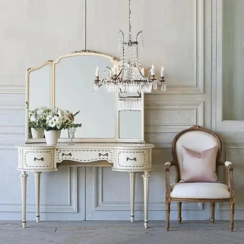 Ivory White Solid Wood Dresser with Carved Details European Retro Style American Light Luxury Bedroom Storage Cabinet