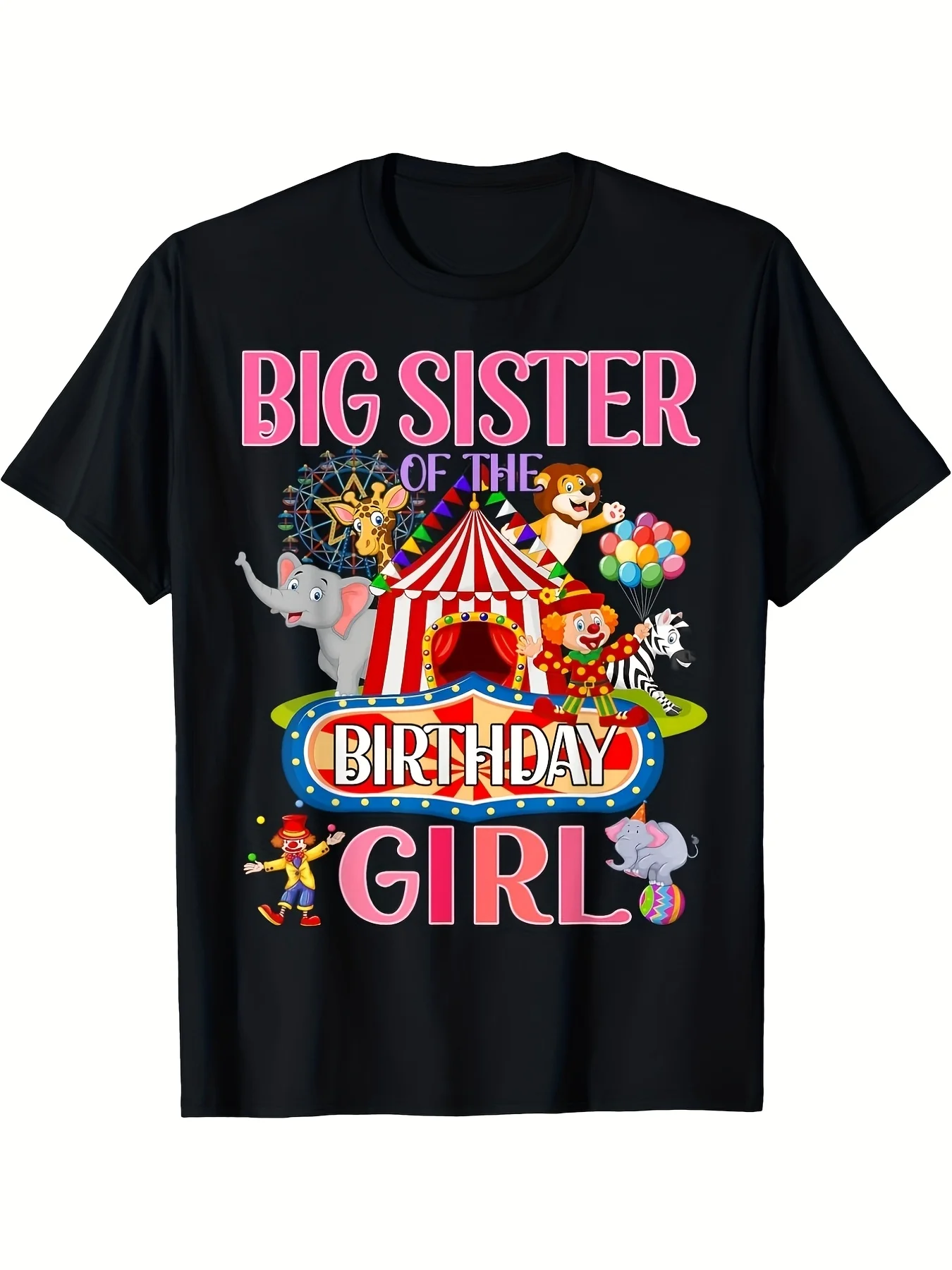 Big Sister'S Birthday Circus Carnival Graphic T-Shirt, Black Loose Fit Casual Tee with Vibrant Animal Clown Print,  Round Neck Top for Family Celebrations Birthday Party Outfits, Retro Casual Crew Neck Printed T-Shirt