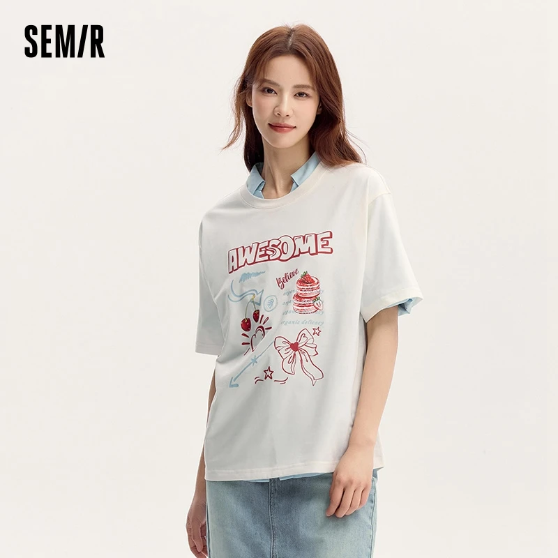 Semir Short-Sleeved T-Shirt Women Sweet Dessert Print Loose Fit Clothing 2024 Summer New With A Unique And Niche Style