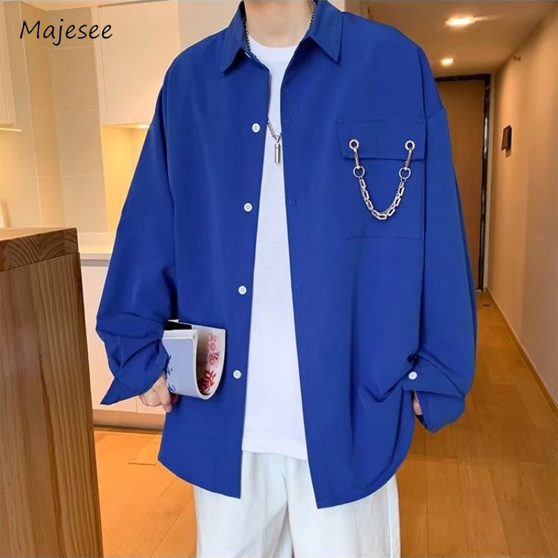 

Solid Shirts Men Handsome Advanced Long Sleeve Korean Style Popular Chains Loose Spring Autumn Teenagers Streetwear Casual Cozy