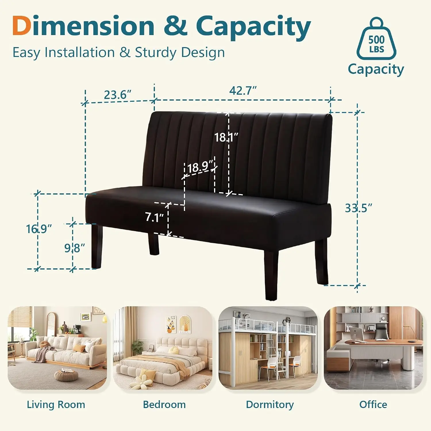 Armless Accent Loveseat, Small Faux Leather Sofa, Modern Living Room, Black, Customized