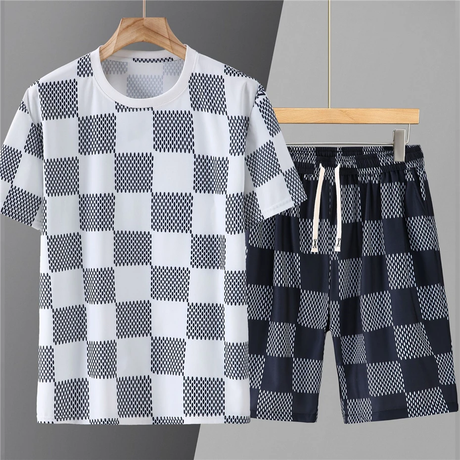 Summer Tracksuits Men Plus Size 10XL 11XL Summer Sets Casual Fashion Plaid T-shirts Shorts Suits Male Big Size 11XL