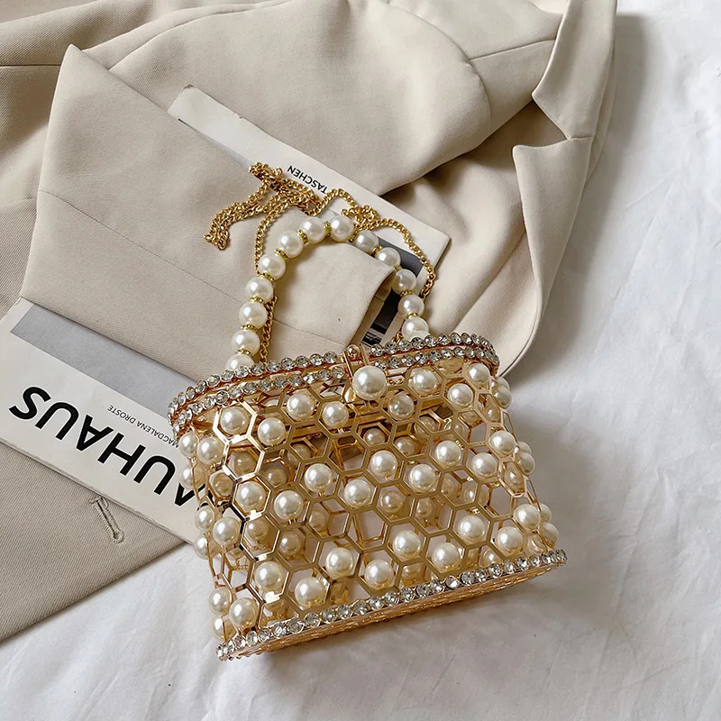 2025 Pearl Cage Bucket Bag - Evening Banquet Bag Chain Crossbody Bag, Convertible Crossbody Bag Red Carpet Event
