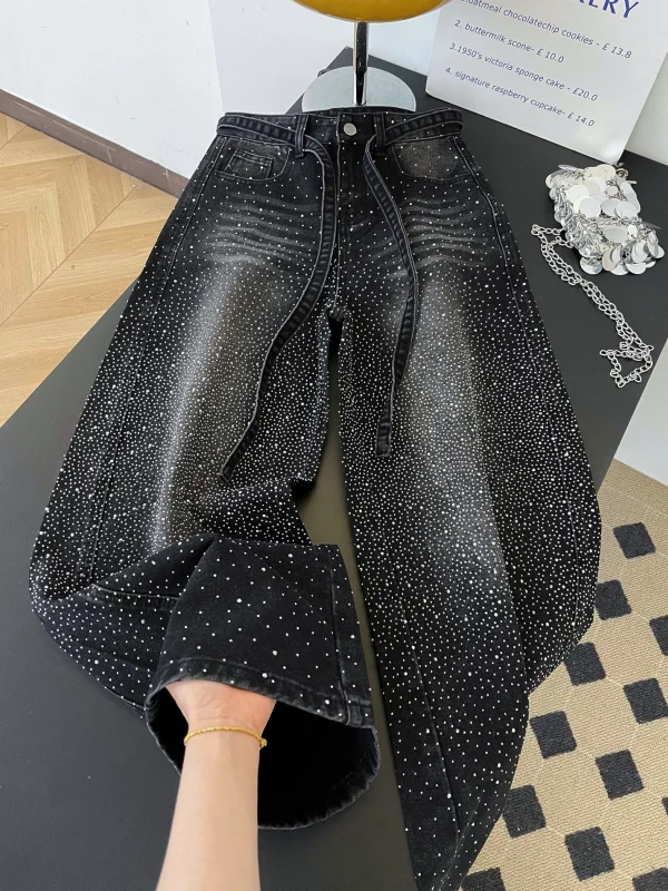 

Tianxing Glue Rhinestone Splicing Jeans Women's Loose Lazy Feeling Drag Pants American Style Hot Girl Casual Cotton Polyester...