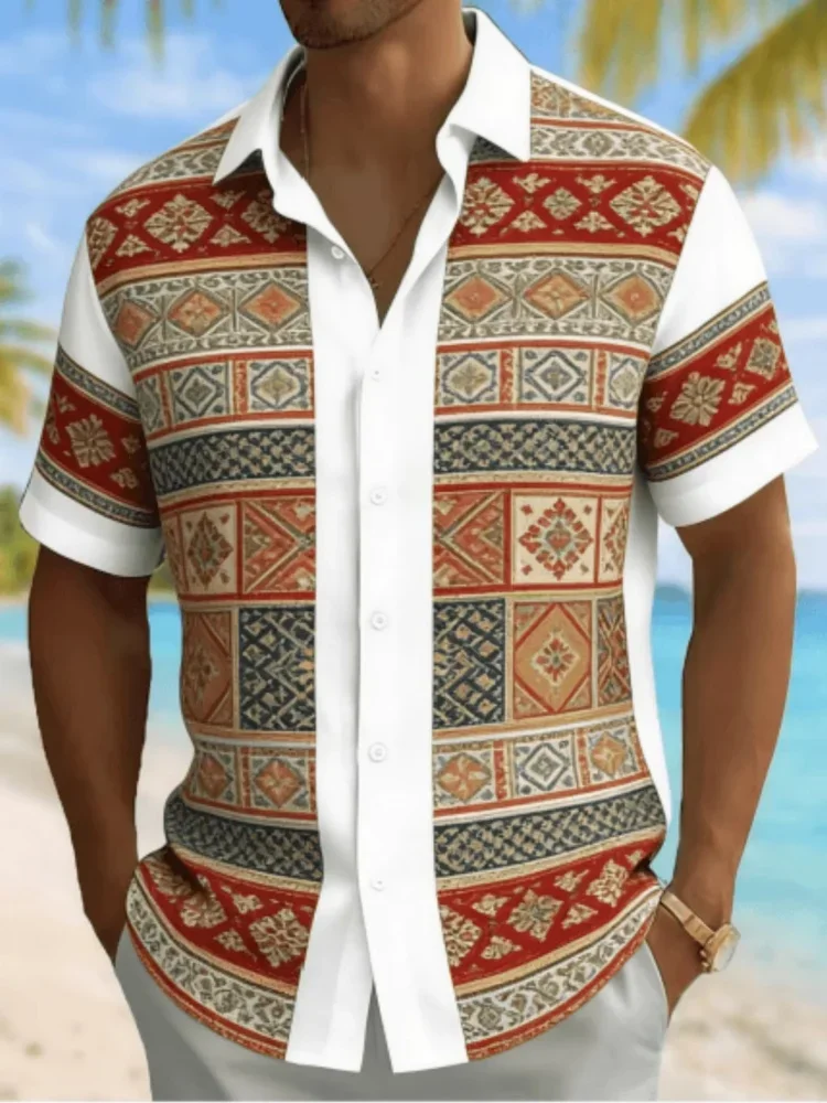 Men's Fashion Ethnic Print Short Sleeve Button Down Shirt Trendy Summer Style for Vacation Party Gathering Daily Tops