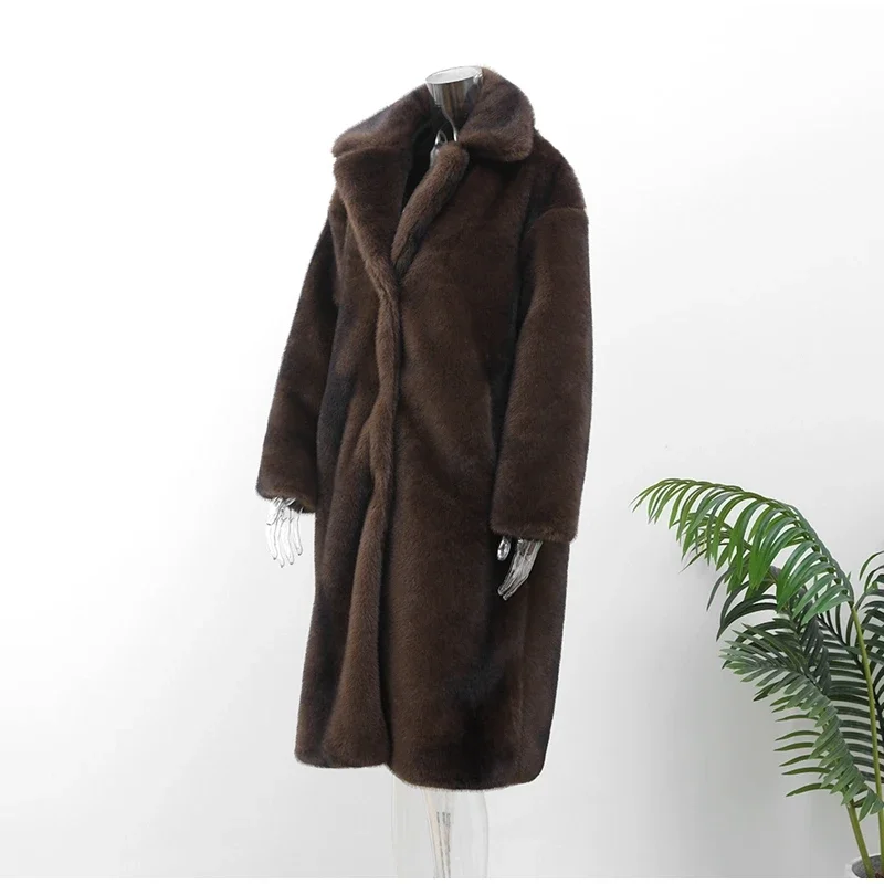 Dunkelbrauner Kunst pelz langer Mantel einreihige Damen Fleece jacke Trenchcoat 2023 Winter flauschiger Plüsch warmer Mantel neu – Detail 17