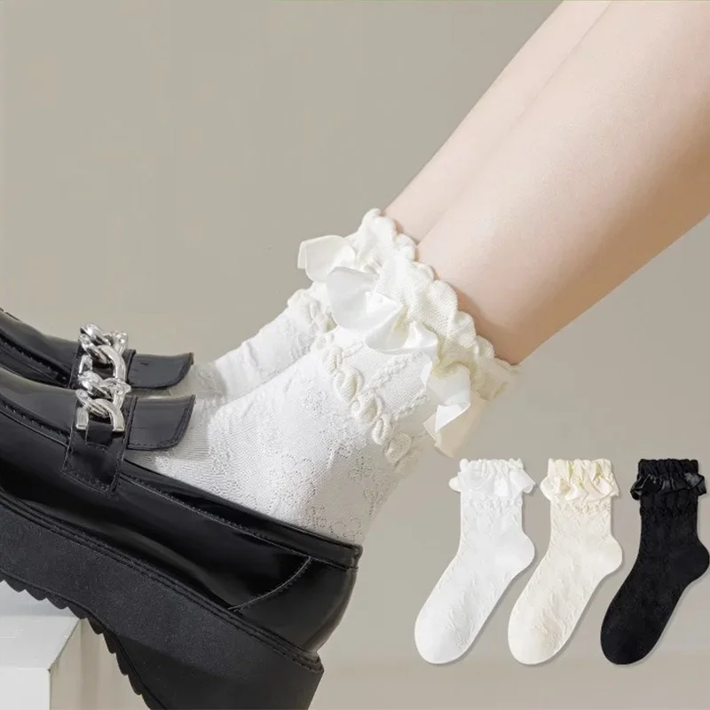 

3 Pairs Woman Lolita Cute Black White Socks Set Spring Summer Female Lady Girls Lace Kawaii Sock For Women