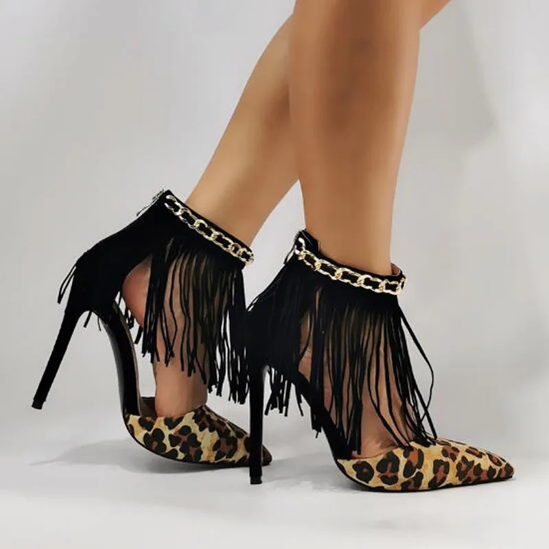 

Коричневые леопардовые замшевые золотые металлические цепочки с бахромой и молнией сзади, туфли-лодочки на тонком каблуке, женские пикантные туфли для вечеринок на высоком каблуке с острым носком