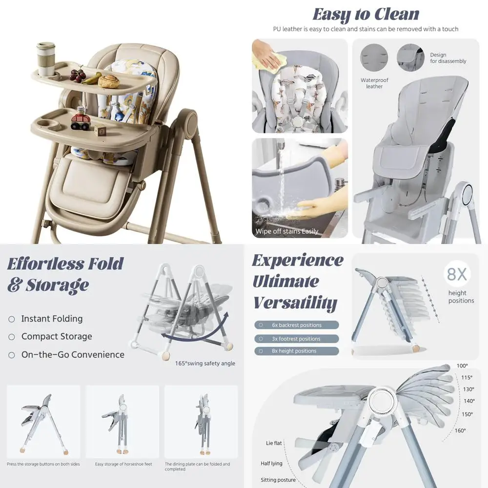 

Gray Eco-Friendly, Washable PU Cushion, 8-Level Adjustable Height, All-in-One Baby High Chair and Rocking Swing