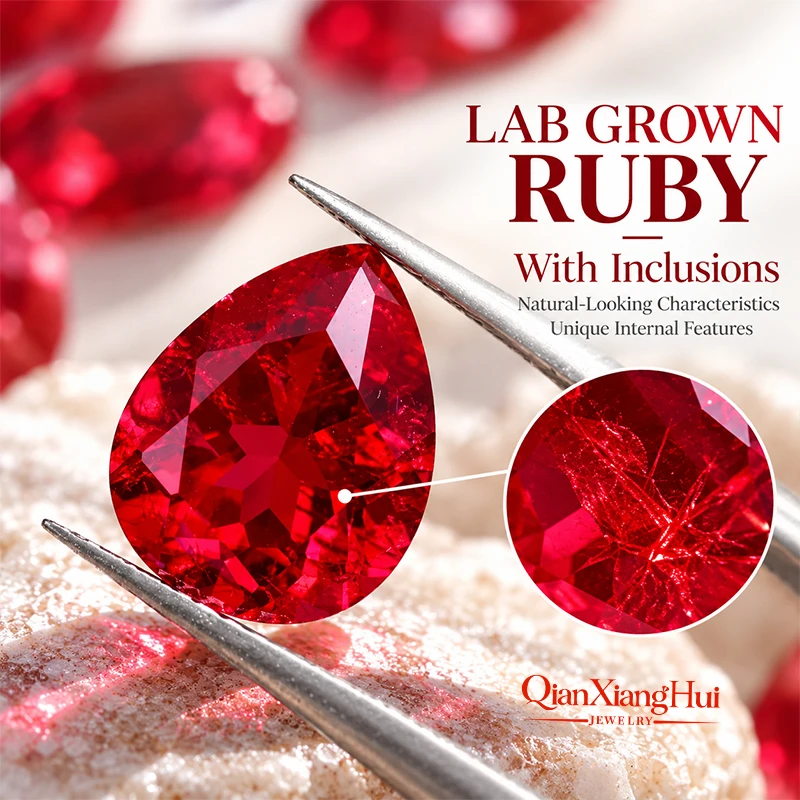 Lab Created Pigeon Blood Red Ruby Pear Shape Natural Cut Loose Gem Stone with Minor Inclusions - Jewelry Grade GRC