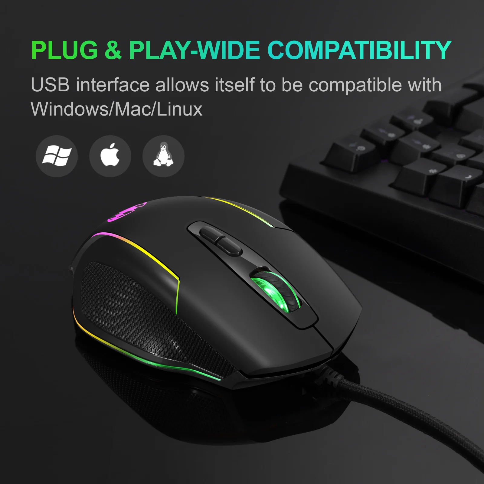 New Private Model 4800 dpi Wired Optical Gaming Mouse with Seven Button Macro Light Breathing Light