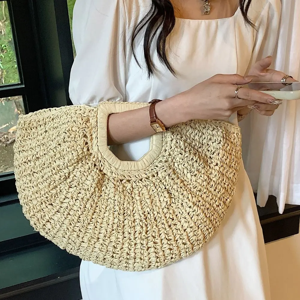 

Trendy Large Capacity Lafite Straw Bag Half Moon Handmade Weave Tote Bag Fashion Simple Grass Woven Bag Women