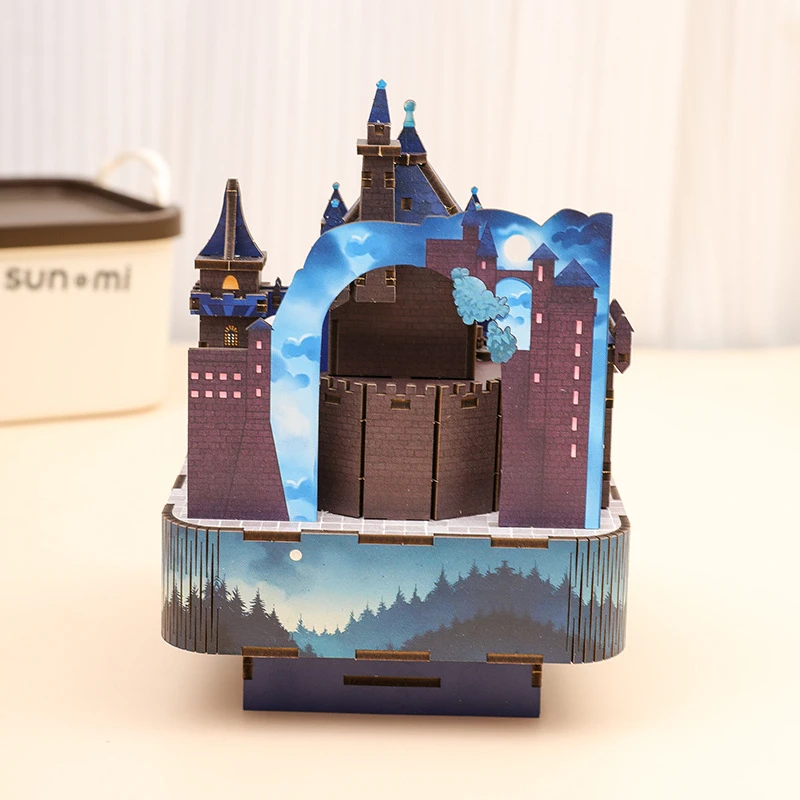 Caja de música de castillo mágico de madera 3D DIY, Kits de modelos en miniatura, rompecabezas que se puede mover para amigos, regalos de cumpleaños, decoración del hogar