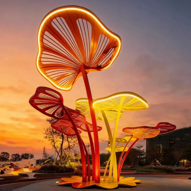 Abstract Polished Colorful Stainless Steel Mushroom Tree Sculpture Outdoor Landscape Ornament For Commercial Square Theme Park