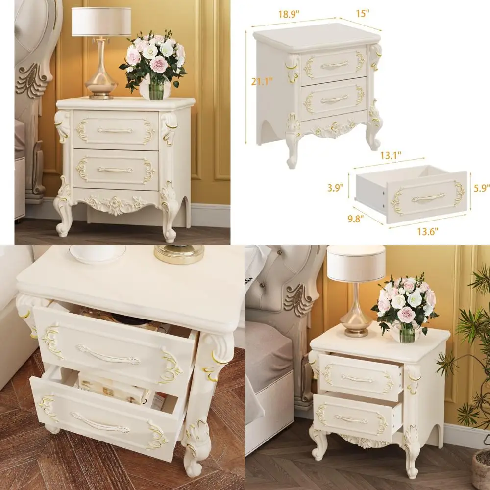 Table de chevet moderne du milieu du siècle avec 2 tiroirs, tables d'appoint sculptées pour chambre à coucher, meubles de style campagnard français