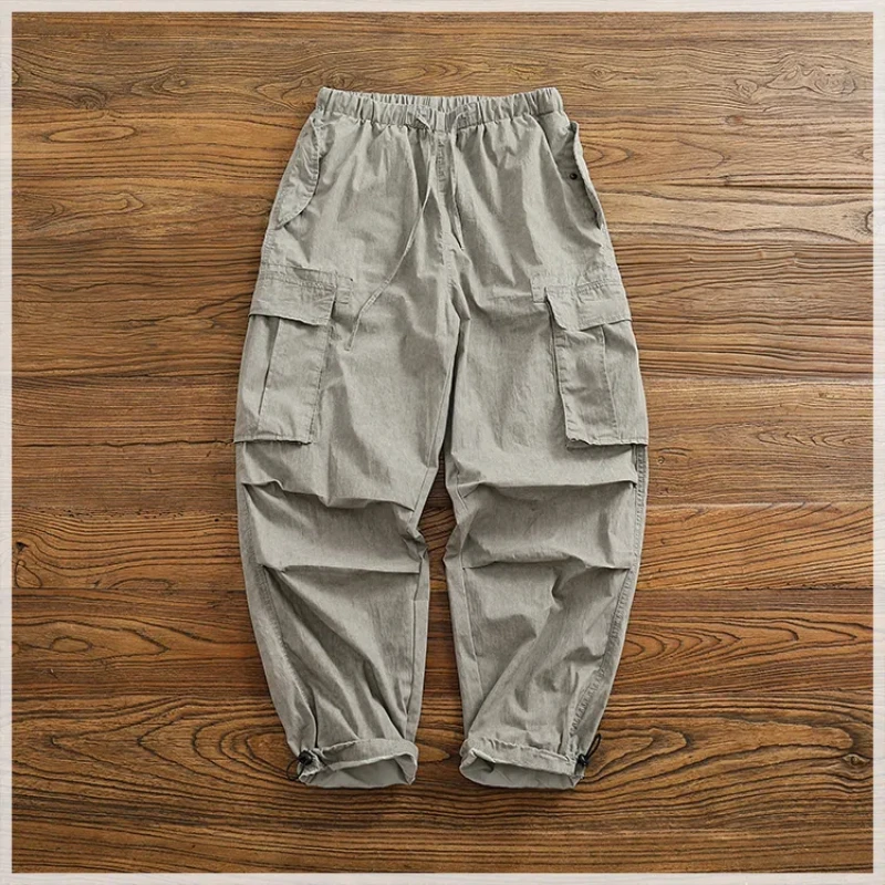 Cargo casual pants men Japanese retro drawstring pants loose straight cone pants