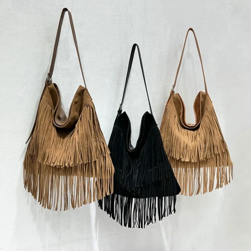 

Women's Vintage Large Capacity Frosted Faux Suede Shoulder Bag Bohemia Tassel Travel Tote Handbag Female Shopping Bag 2025