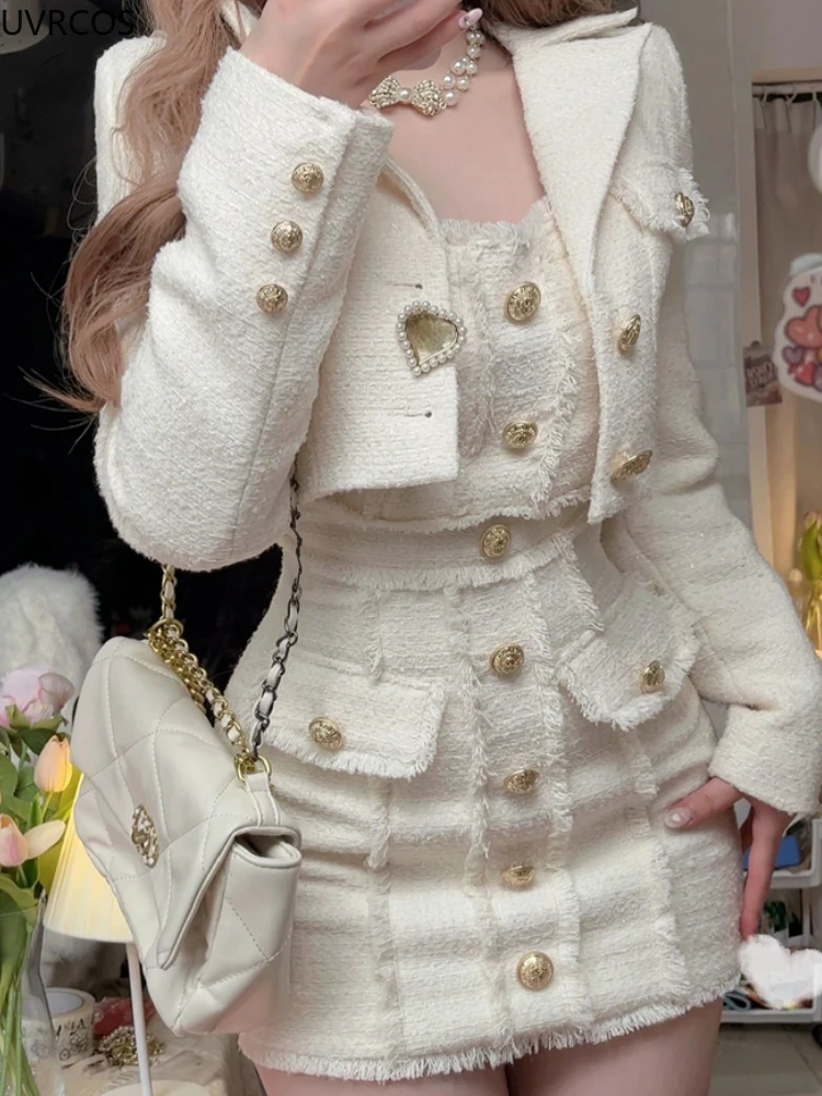 Korean Style Elegant Vintage Two Piece Set Women Sweet Woolen Short Jackets Tassel Design Mini Dress Suit Female Fashion Outfitn