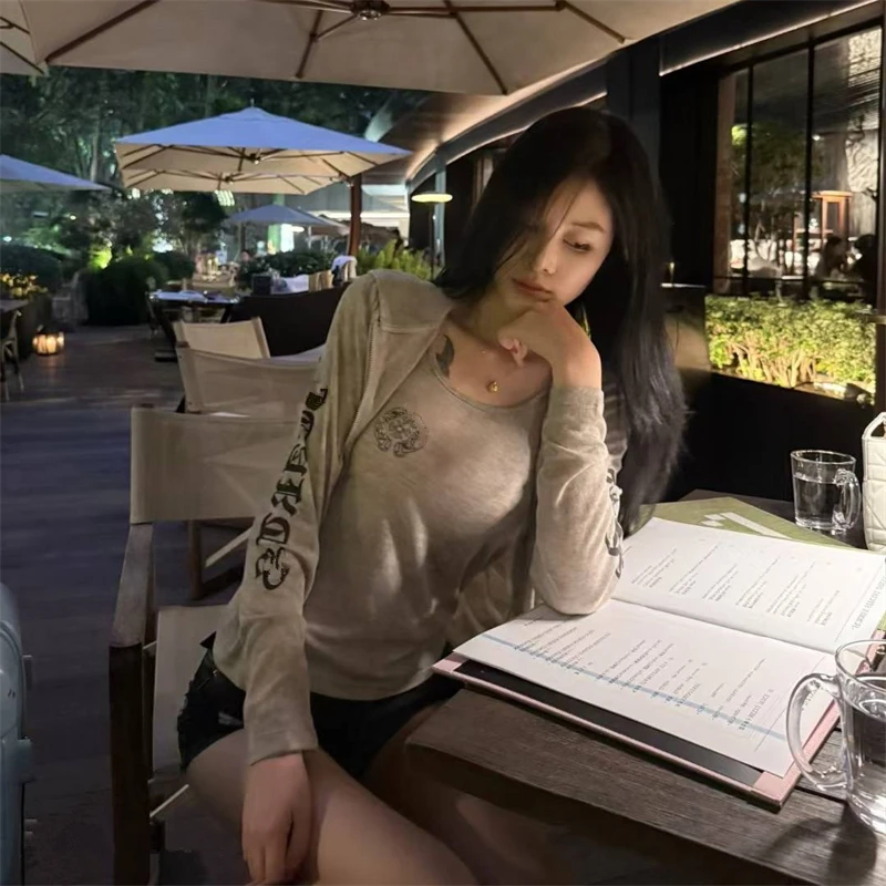 

Summer Women's Paper Figure Set Light Long Sve round Ne Hat Print Sun Protection Thin Vest Two-Piece Set Spicy Girl Sle