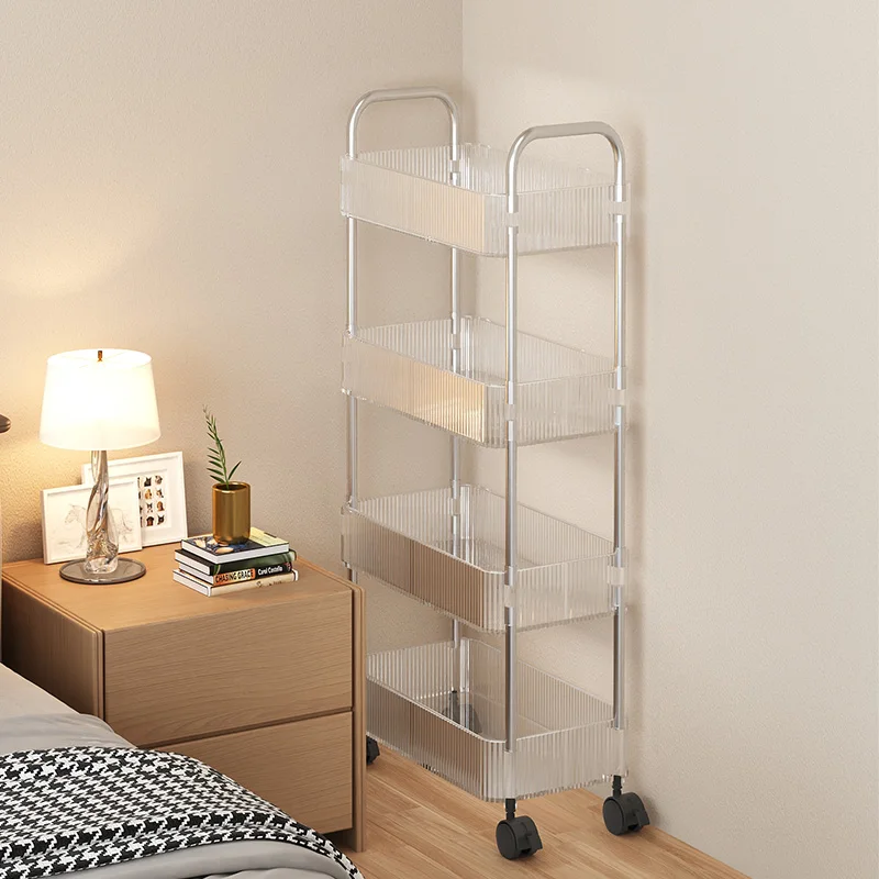 Nordic Transparent Acrylic Bookshelf Storage Rack Floor Movable Wheeled Handcart Snacks Miscellaneous Items Organization Holders