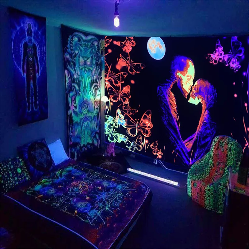 

Psychedelic fluorescent tapestry skull eye laser wall hanging luminous background home living room aesthetic decoration