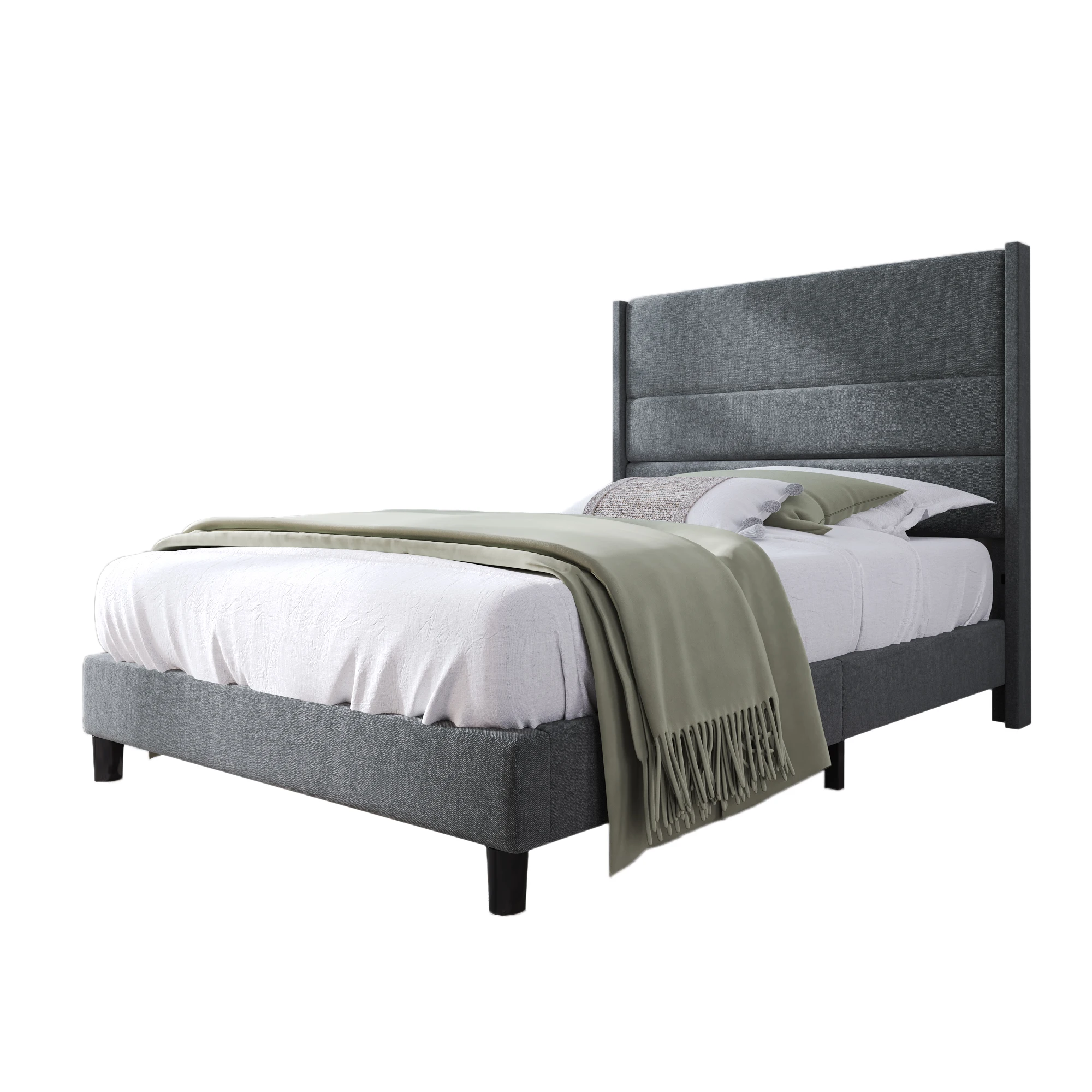 Cushion bed 90x200 cm, bed frame with slatted frame & headboard, upholstered double bed, textile cover linen in gray, Timeless m