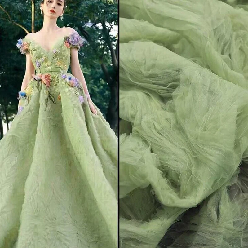 Tessuto ricamato a rete tridimensionale verde per tessuto di design di abbigliamento per abiti da sposa