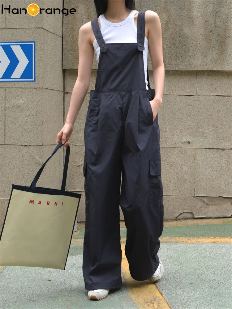 HanOrange 2024 Summer Outdoor Wide Leg Jumpsuits Loose Pockets Lightweight Cool Nylon Cargo Jumpsuits Grey Green/Dark Blue