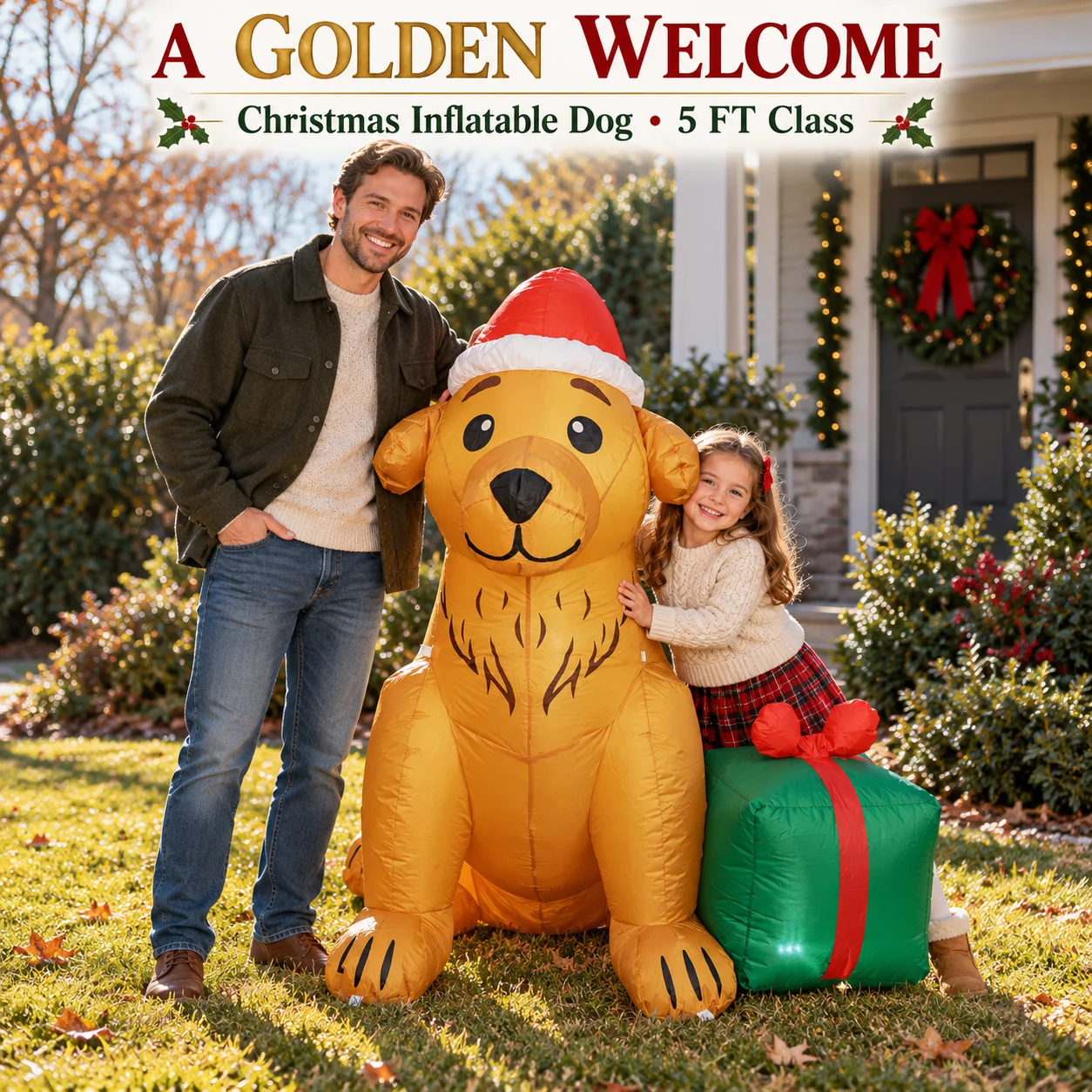 Inflatable Dog LED Lighted Golden Retriever with Santa Hat and Gift Box Outdoor Yard Garden Lawn Christmas Decoration Blow Up
