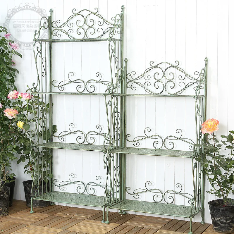 

American-style rustic vintage wrought iron three- and four-tier flower stands, indoor and outdoor gardens