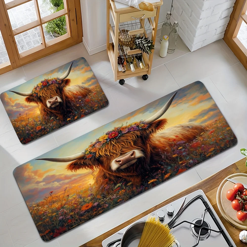 A Spring And Summer Home Decor Door Mat Featuring a Highland Cow Pattern, Designed with a Non-Slip Bottom And Is Washable, Sui