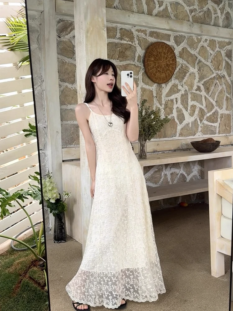Elegant White Embroidered Strap Dress Women's Summer High Waist Beach Vacation Slimming Long Dress Poetic Memory Brand