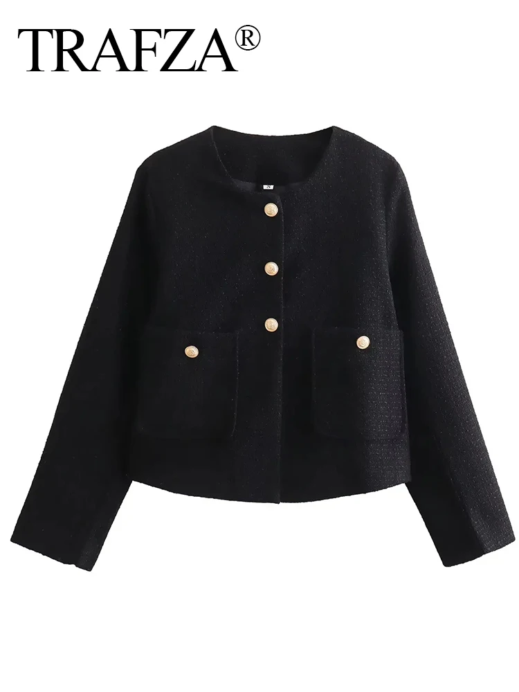 TRAFZA 2024 Women VintageTweed Solid Jacket O Neck Pockets Long Sleeve Buttons Blazer Short Coat Female Texture Crop Top Outwear