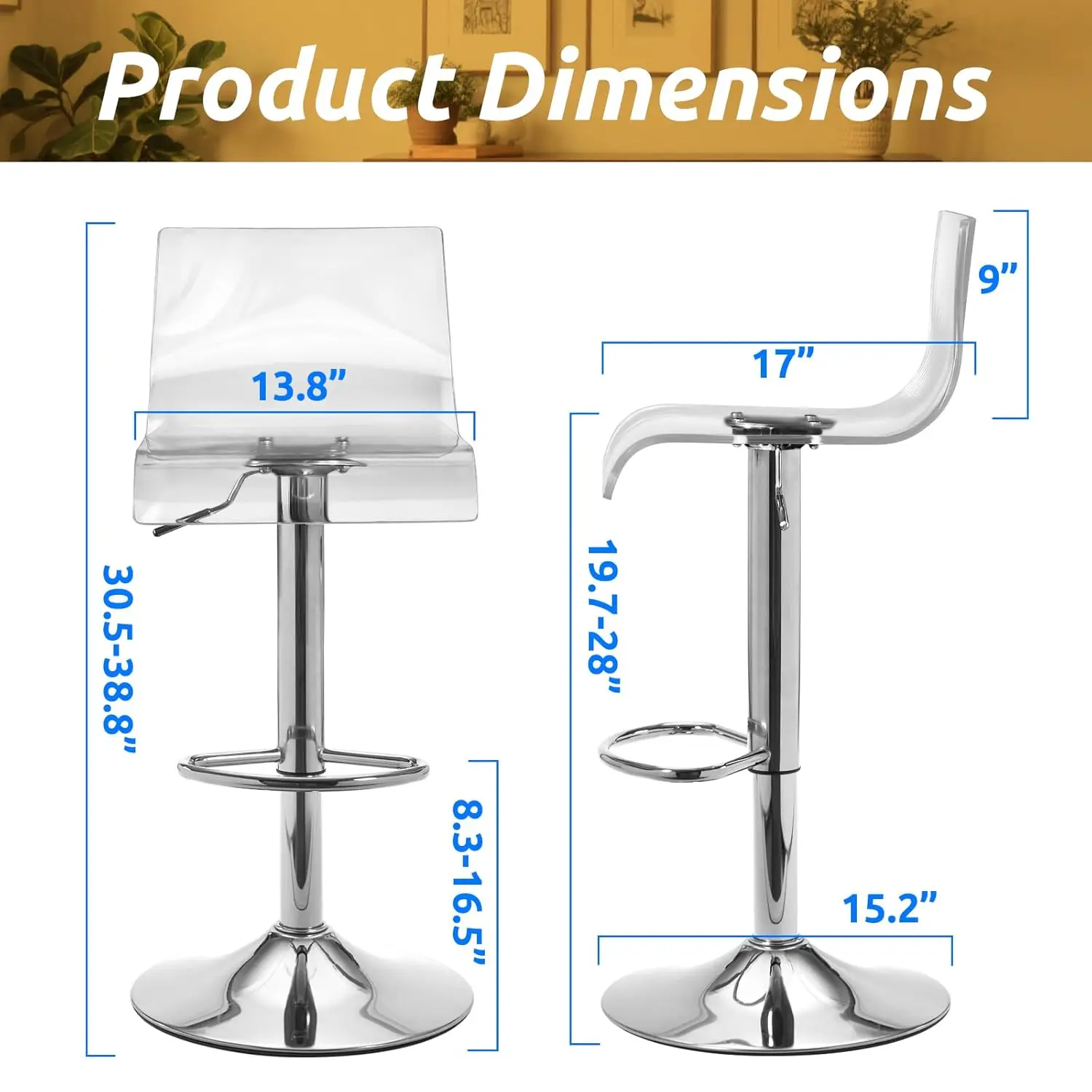 Clear Acrylic Adjustable Swivel Bar Stools Set of 2 for Kitchen Dining Room, Customized