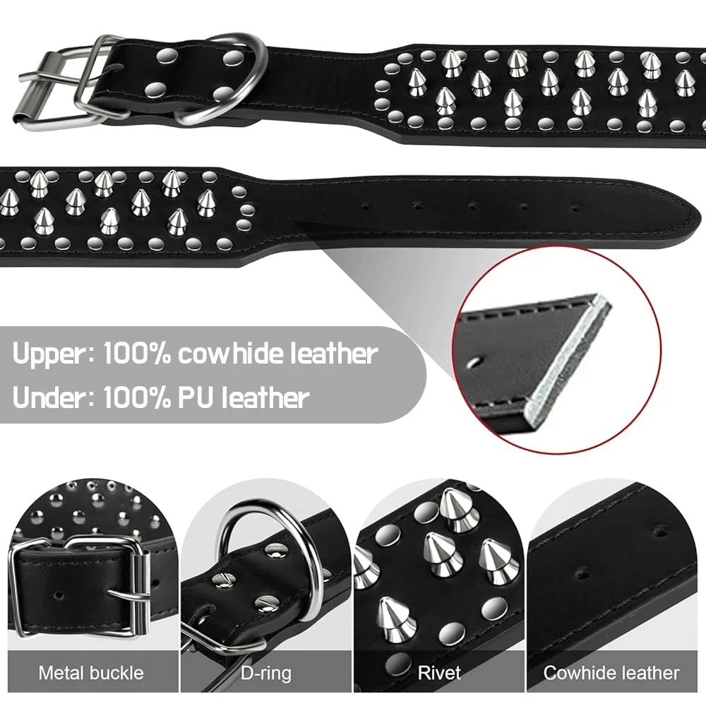 2inch Wide large dog Spiked Studded Leather Dog Collars 5*51-66cm For Medium Large Breeds Pitbull Mastiff Boxer Bully 3 colors