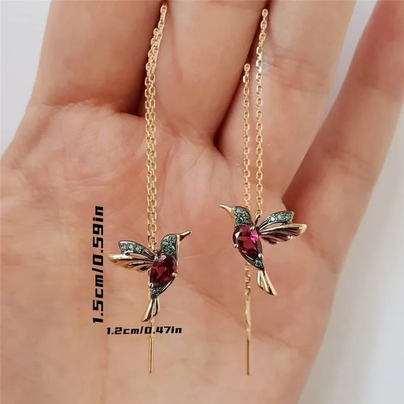 1pair Creative Fashion Shining Exquisite Cute Long Chain Hummingbird Animal Threader Earrings, Elegant Ear Lines, Birthday Party