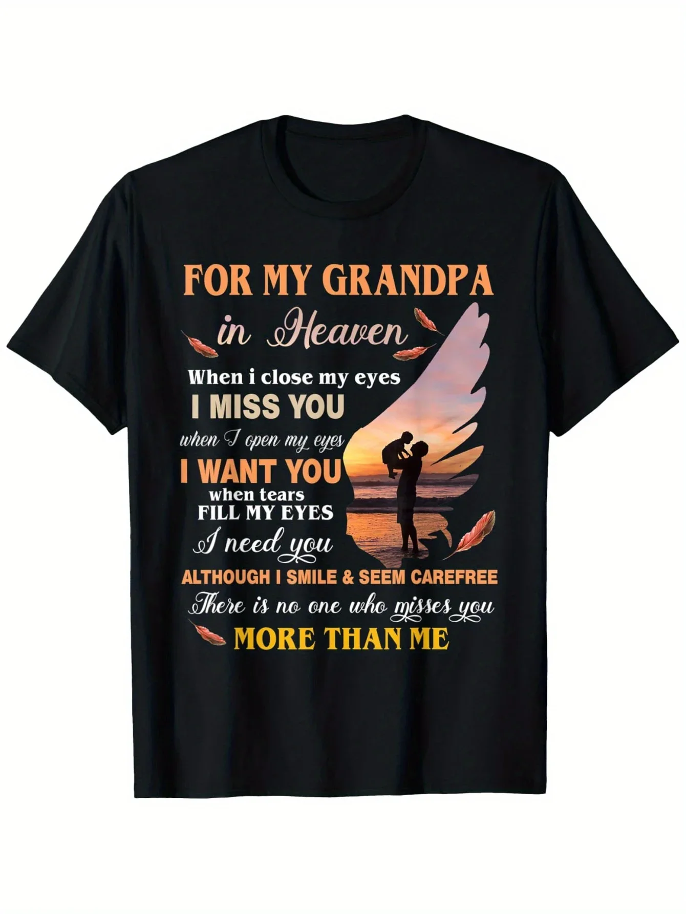 T-shirt commémoratif 2026 pour mon grand-père au ciel - 100 % coton, col rond, manches courtes, motif poème émouvant avec ailes d'ange