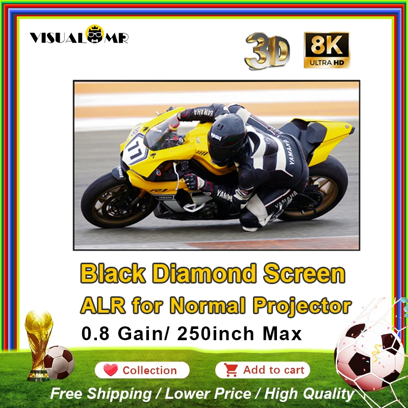 Ekran projekcyjny VisualMr Black Diamond ALR z ramką stałą, odrzucający światło otoczenia, z ramką 1 cm, projekcja 8K dla standardowych projektorów.