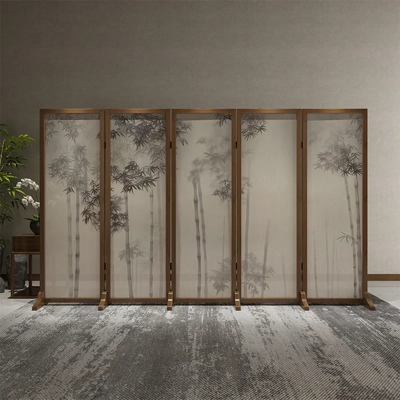 Solid wood folding screen partitions for living rooms, hotels, and office decorations, featuring new Chinese tea room semi-trans