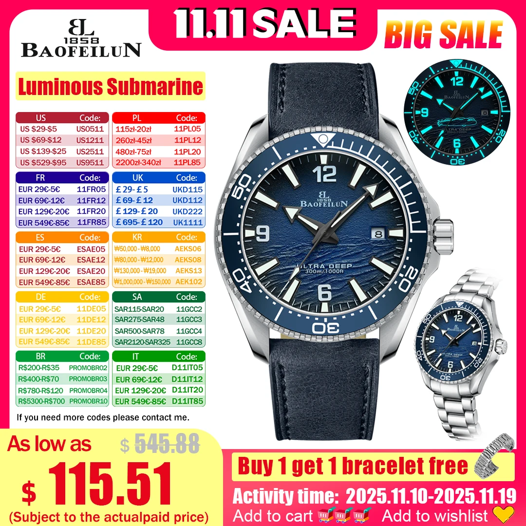 

BAOFEILUN Automatic Dive Watch for Men 300M Waterproof Ceramic Bezel Mineral Crystal Wave Dial Luminous Submarine Wristwatches