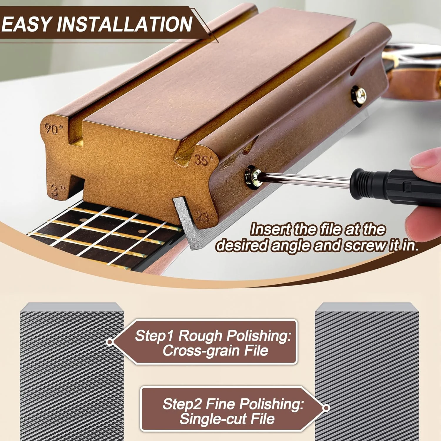 4-in-1 Bass & Guitar Fret File Tool – 3°, 23°, 35°, 90° Angles for Fret Dressing, Guitar Fret Tools for Beveling, Rounding, Debu view 6