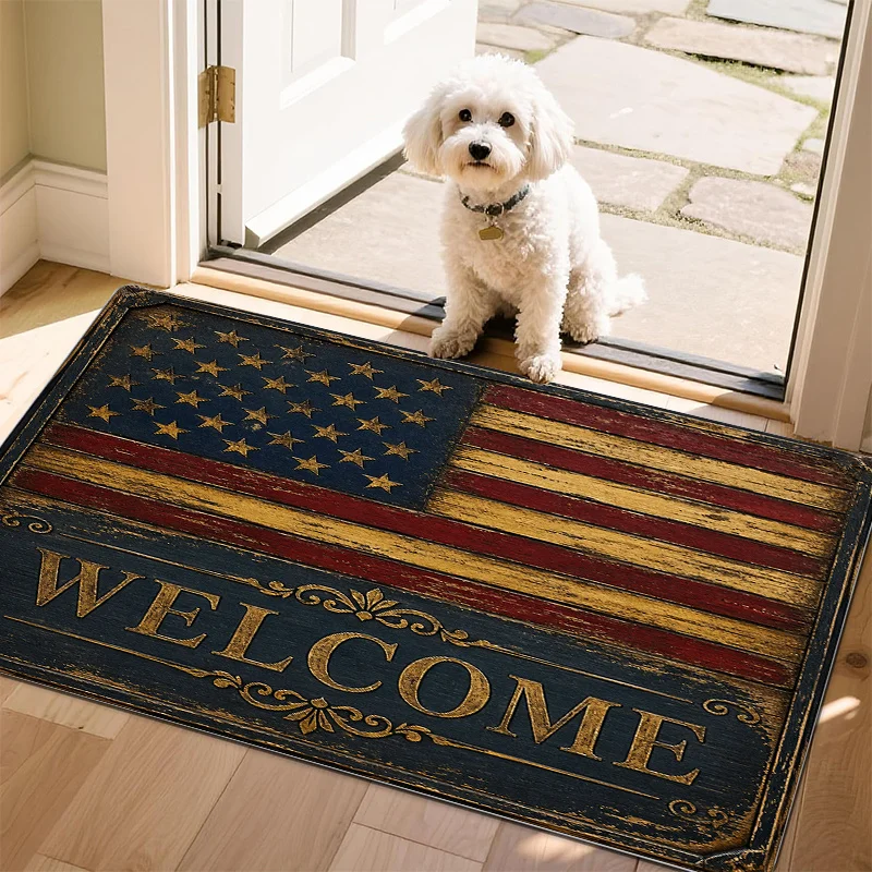 Rectangular Vintage American Flag Welcome Doormat,Rustic‑style Non‑Slip Dirt‑proof Floor Decor,Soft Washable Easy‑clean Ornament