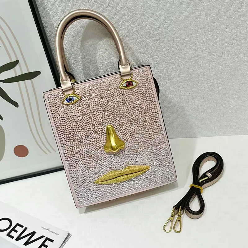 Retro 3D Face Handbag Light Luxury Sparkling Creative Styling Diamond Studded Bag Funny Purses for Women Party Evening Bag